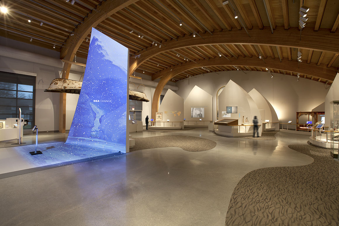 A towering sail form interactively illustrates different projected states of the sea 