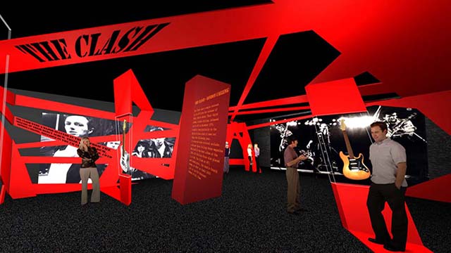 Vivid forms and shapes that represent an abstracted verion of the driving energy of the Clash's music form the space of the exhibit