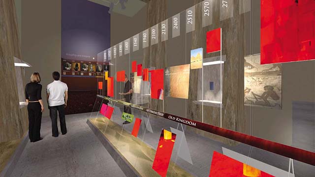 An interactive timeline forms the core of the first gallery surrounded by artifacts from the Amarna site.